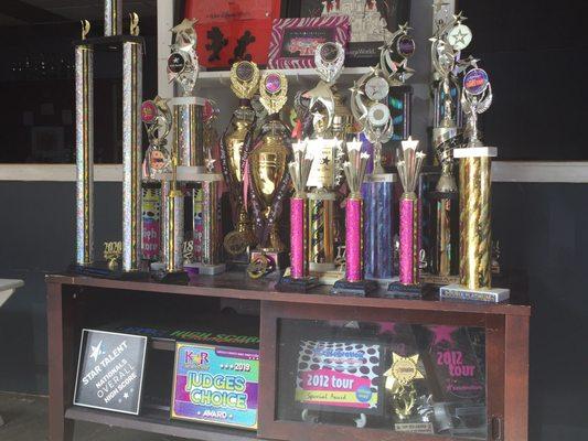 Trophies various dancers have won at competitions