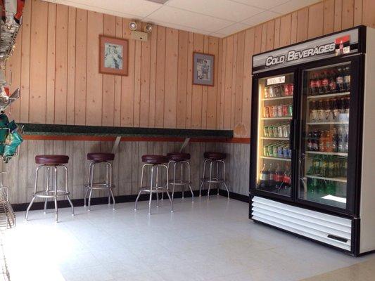 Seating area, beverages (and just out of frame, chips)