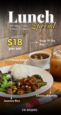 Lunch special served with soup, salad, rice and your choice of entree