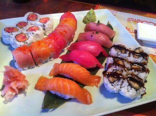 Spicy tuna and Rainbow roll, three types of sushi, and Eel roll