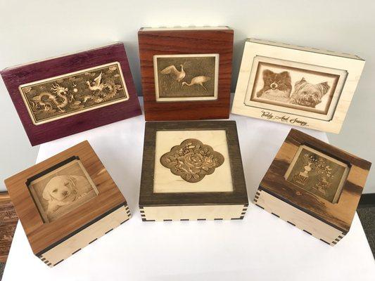 Different sizes of the custom boxes and laser carved lids