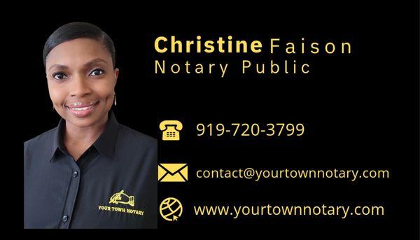 Business card for Christine Faison, Your Town Notary.