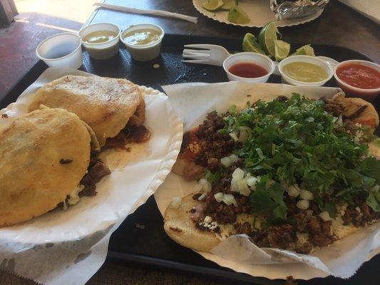 Cheese and fajita gordita, carnitas gordita, and two fajita huaraches