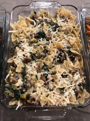 Ground turkey farfalle with baby portobellas, spinach, yellow squash, feta and Asiago cheese.