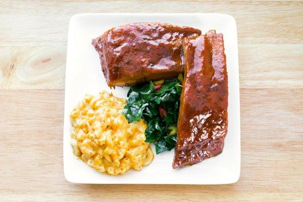 BBQ Ribs, Sautéed Greens, Baked Mac & Cheese