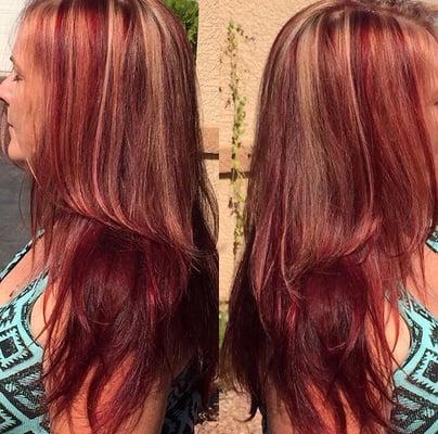 Intense Red & blonde highlights