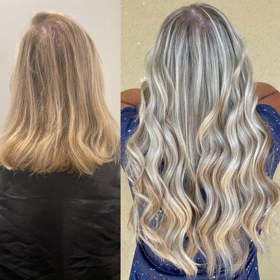 Hilights, Ashy Lowlights and an Icy Blonde Gloss + 2 Rows of 18" NBR Handtied Extensions with a blended Long Layer Haircut and Beach Waves