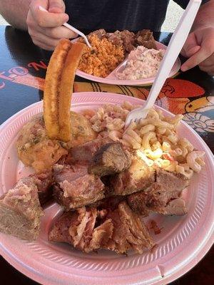 Mofongo, pork, and macaroni salad