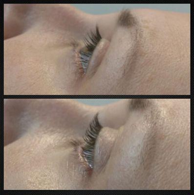 Before and after of a lash lift.