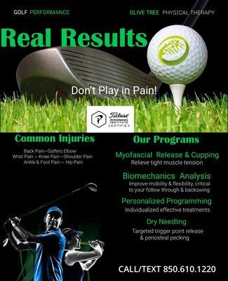 Get results from your local Golf Medical Professional! Pro golfers utilize Physical Therapists, you deserve pro golf perks too!!!