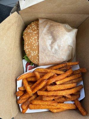 Beyond Burger with vegan cheese, and Sweet Potato Fries