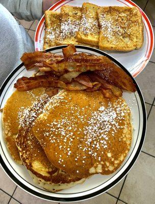 Pancakes with bacon and French toast