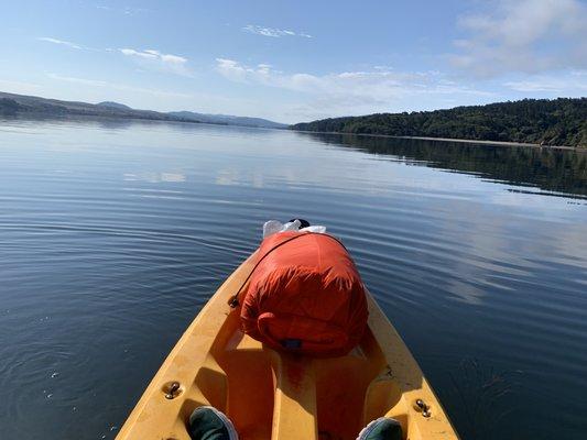 Paddling in Tomales Bay with my camping gear loaded