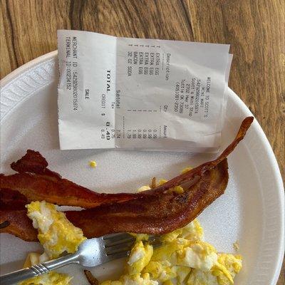 8.49 for this plate and a drink.     The eggs were freshly made and the bacon was good. Disappointed in the amount of food for the price