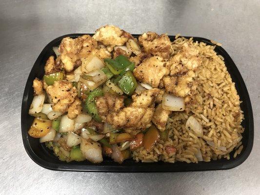 Black pepper chicken with pork fried rice