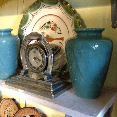 Art Deco Chrome clock signed,  Green pottery vases ......