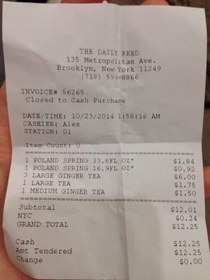 The receipt. Daily Feed currency is tea. 3 large ginger teas + 1 large tea + 1 med ginger tea = Clorox Wipes and soap.