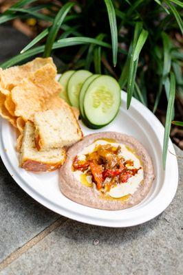 red bean hummus / house made spanish rice crackers / cajun spice pepper relish