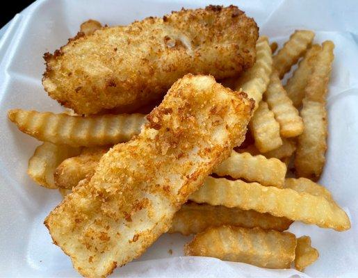 Halibut Fish and chips. Thick cut halibut filets were really good and crinkle cut fries are always a hit