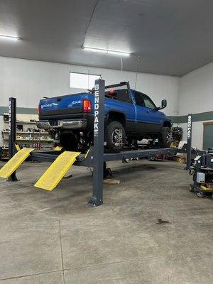 Our 4 post alignment rack that can handle all vehicles.