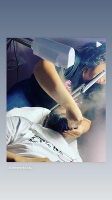 Beard facial, cleansing and conditioning/steaming the beard with ingrown removal , high frequency treatment .