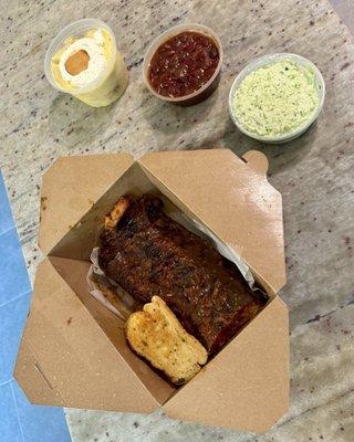 Southern menu! Peach BBQ baby back ribs with garlic toast, Texas beans, Carolina slaw, and banana pudding