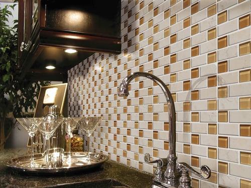 Stone and Glass Staggered Mixed Mosaic  for Kitchen or bar backsplash