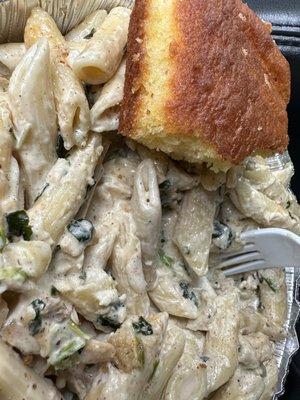 Chicken sausage Alfredo pasta with cornbread