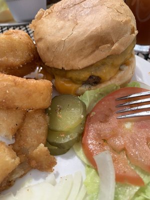 Lucy Juicy Burger with onion rings