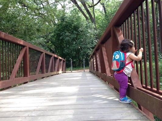 Bridge leading to trail behind community center.