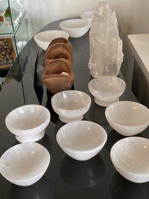 NEW today. Beautiful selenite bowls. Selenite lamps, selenite swords, palm stones are also carried. Always getting new stuff in.