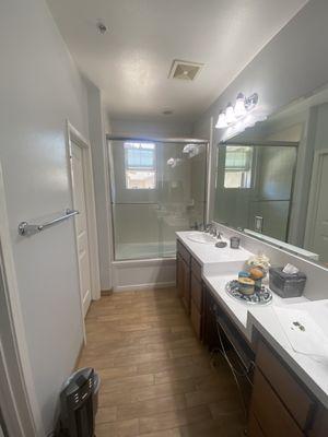 Primary bath tub enclosure and mirror