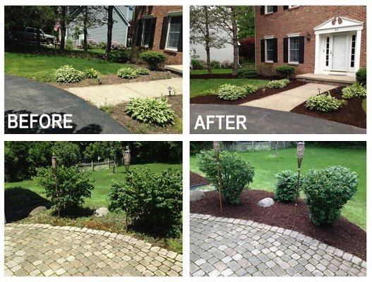 before an after photos of  a mulch install,and plant install at a property that River's lawncare &home repair's was hired to complete.