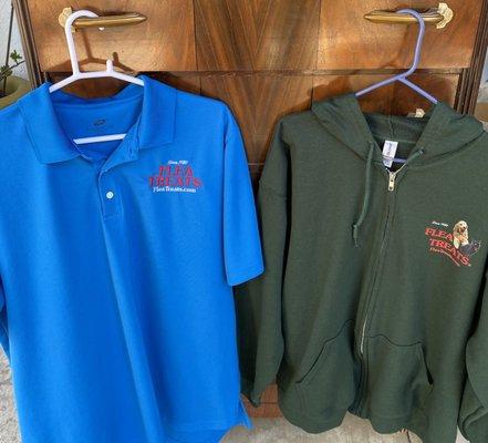 FLEA TREATS embroidered polo shirt and printed hoodie.