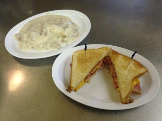 Ham, Egg & Cheese Sandwich with a side of Biscuit and TJ's Sausage Gravy