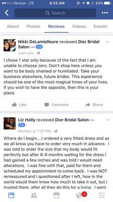 The original posts that Dior Bridal in Dearborn, MI removed from their Facebook page. TISK!