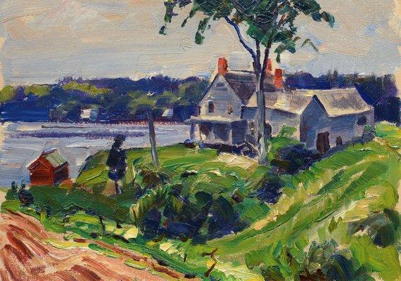 Currently on display "Up the Kennebec" by John Fulton Folinsbee.