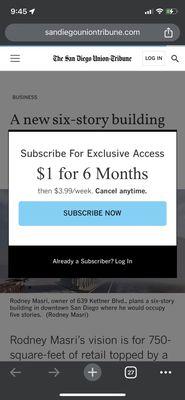 San Diego Union-Tribune website with a paywall blocking the article posted on Google news.