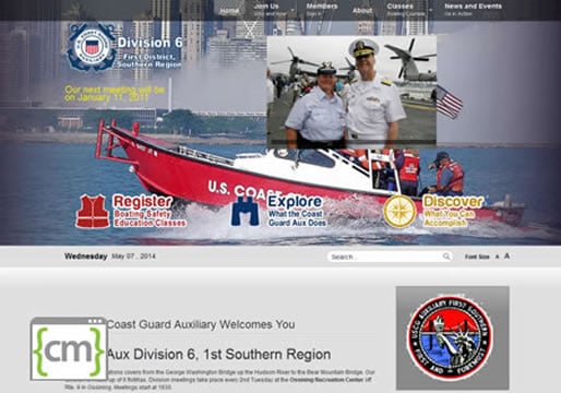 A non-profit business website for the Coast Guard Auxiliary regional division. Site circa 2011.