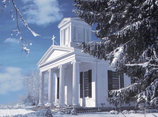 A winter sides view of St. Luke's.