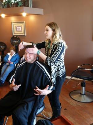 Missy styling Aaron's hair.  Aaron and I work together. I turned him on to Missy months ago.