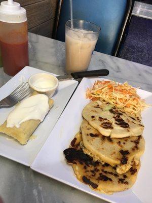 Pupusas with cheese and beans, Horchata & a corn tamale with Salvadorean cream