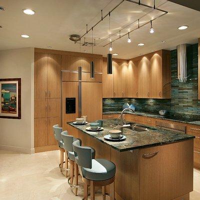 Kitchen monorail custom lighting in combination with recessed lights and undercabinet lights