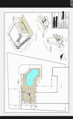 SandFlower Scottsdale: Layout of sunken ramada with patio on top, fireplace and BBQ.