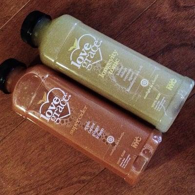 Super Cider and Longevity Tonic -- organic, cold-pressed, raw juices.