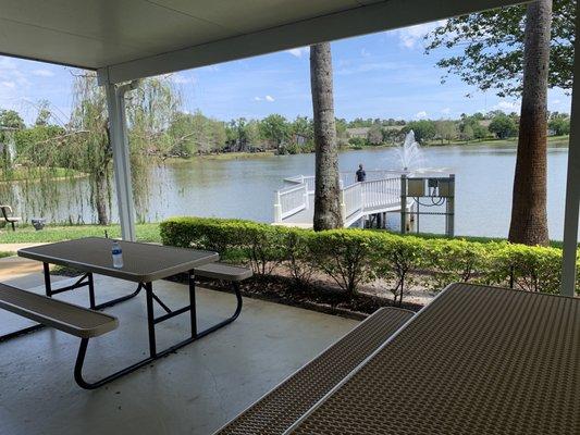 Patio seating with fountain