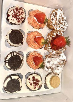 Funnel cake cupcakes, strawberry crunch cupcakes, Oreo cupcakes, red velvet cupcakes