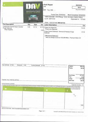 $114.00 to diagnose an already identified problem