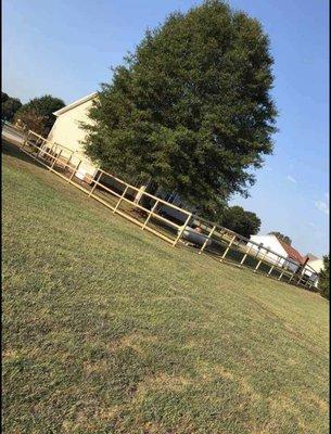 Fencing in a yard, bare stock frame of a fence.