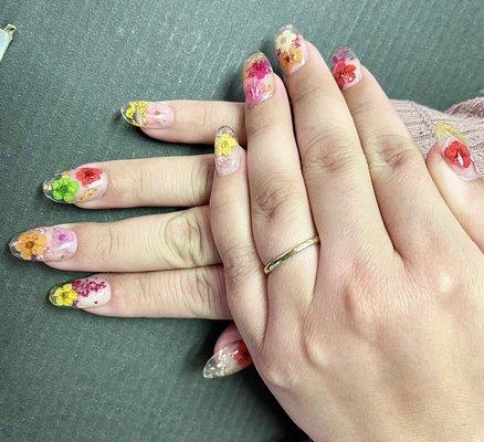 Pressed floral nails with clear acrylics